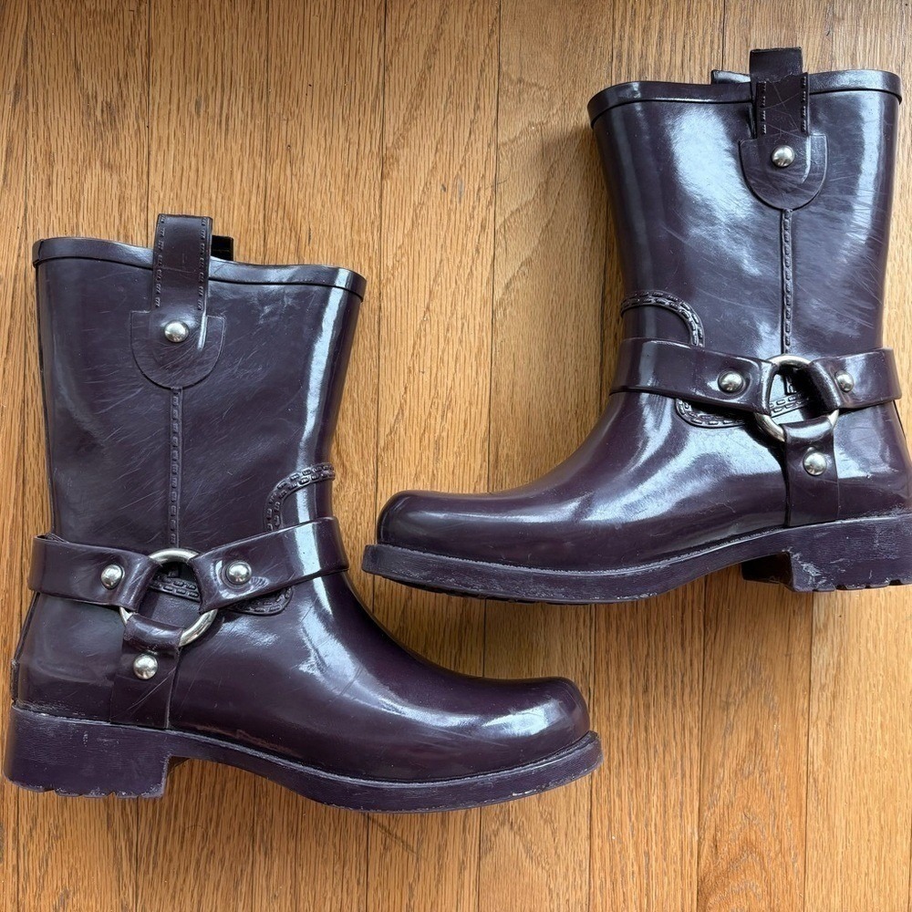 Michael Kors KORS Plum Eggplant Rubber Rain Boots Harness Moto Style Women's 8